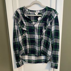 NWT Women’s J Crew Plaid Ruffle Long Sleeve Button-up Shirt